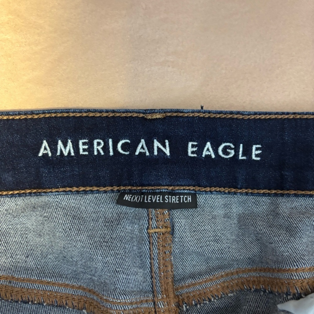 American Eagle Midi Cutoff Denim Shorts Dark Wash Distressed 18 - High Rise - Picture 6 of 11
